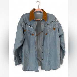 Vintage Western Denim Button Down – Suede Collar + Rope Detail – Size 18